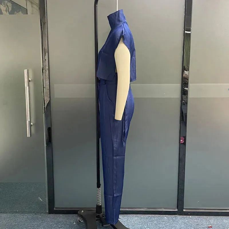 Women Two Piece Set Summer Fashion Office Solid High Neck Short Sleeve Top Straight With Pockets Buckle Pants Sets