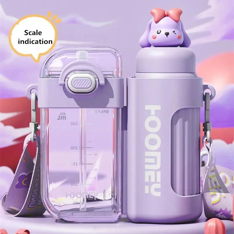 Children's Insulated Cup Straw Water Cup Girl's High Beauty Stainless Steel Plastic Cute School Dedicated Double Drinking Cup