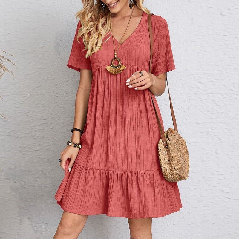 Vintage Women A-Line Mini Dress 2022 Summer Fashion Casual V-Neck High Waist Solid Elegant Party Dresses Lady Short Sleeve Dress - Jointcorp