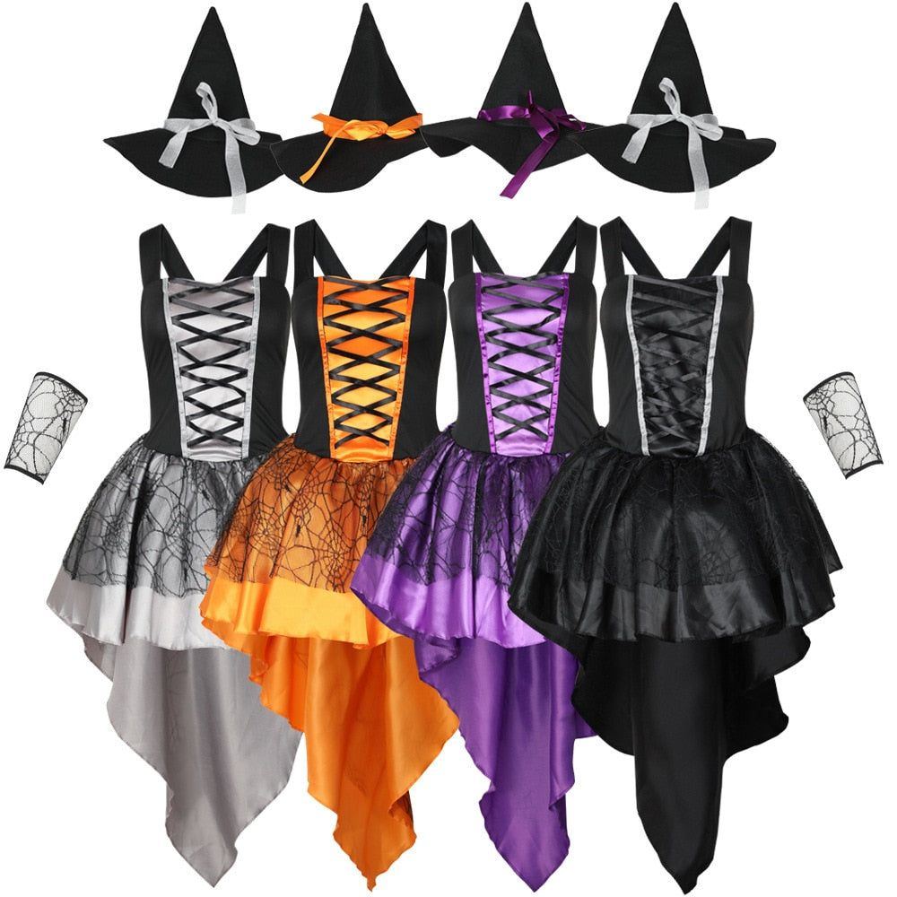 Halloween Purple Orange Sexy Mesh Strap Witch Costumes for Women Adult Fantasy Witch Party Cosplay Carnival Performance Dress