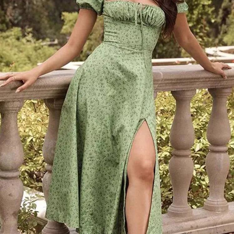 Women Floral Print Long Dress Summer Chic Short Sleeve Square Collar Split A Line Party Sundress Ladies Holiday Beach Vestidos