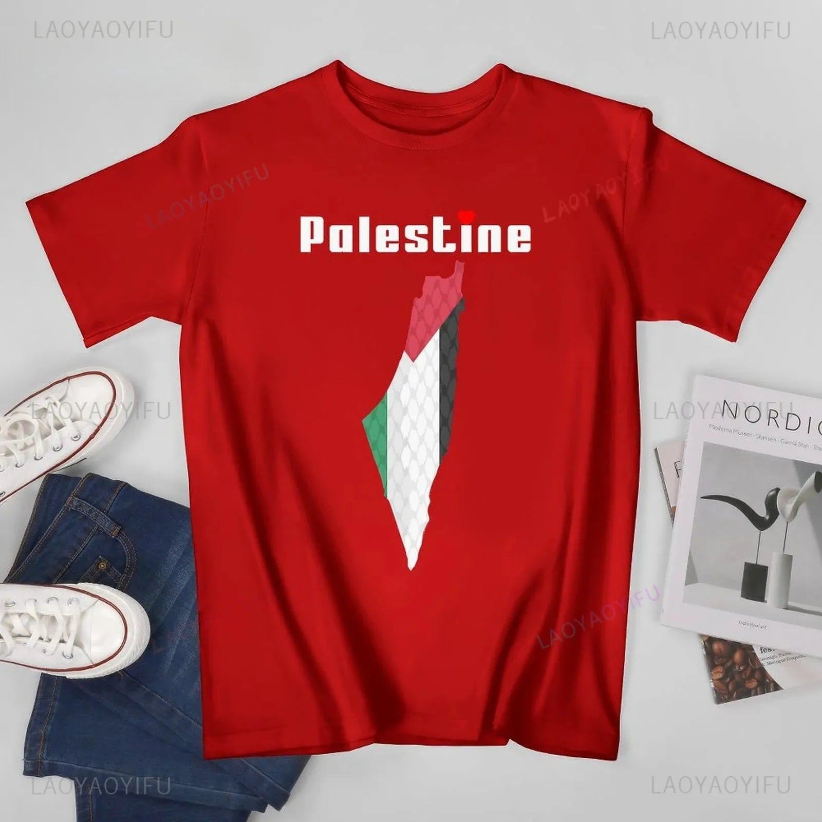 Simple Unisex Men Palestine Flag Palestinian Map Printed T-shirt Simple Tees T Shirts Women Boys Classic Cotton T-Shirt