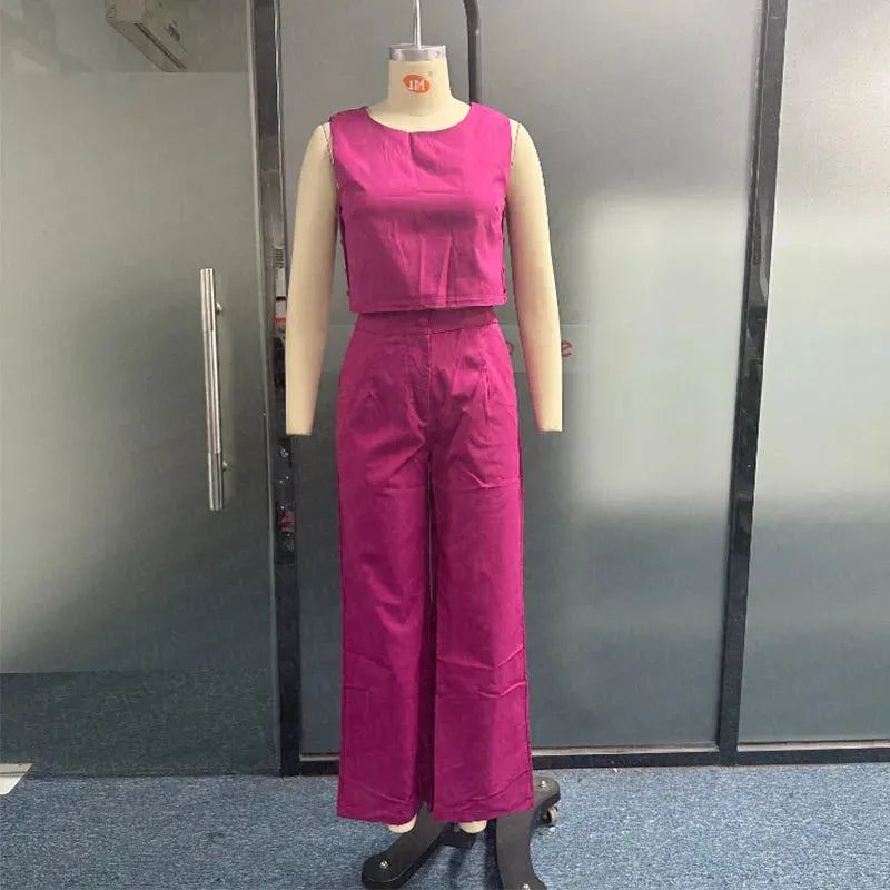 Women Two Piece Set Summer Casual Crew Solid Sleeveless Button Vest Top Loose With Pockets Pants Sets High Streetwear