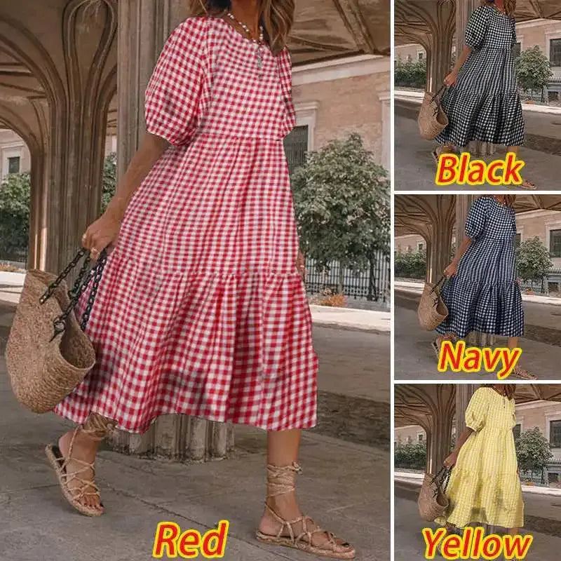 Plaid Floral Short Sleeve Loose Dress Summer Women New Street Casual O-Neck Half Sleeve A-Line Dresses Vacation Beach Long Skirt