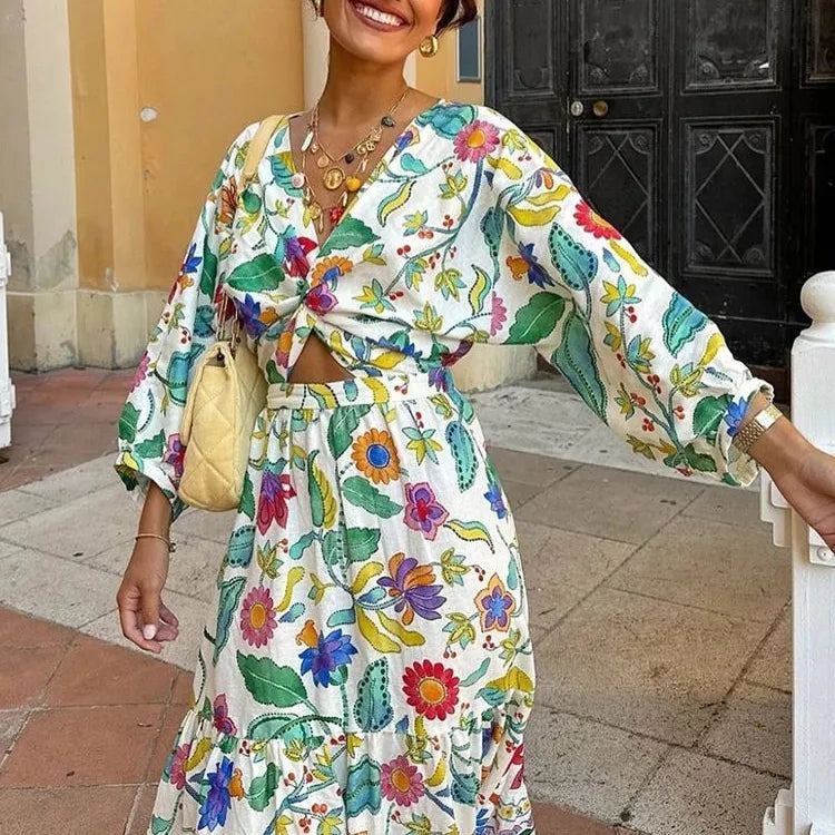 Women Elegant Cut Out Print Floral Pastoral Long Dress Fashion V-neck Lantern Sleeves Vestidos Summer Holiday Lady Street Robe