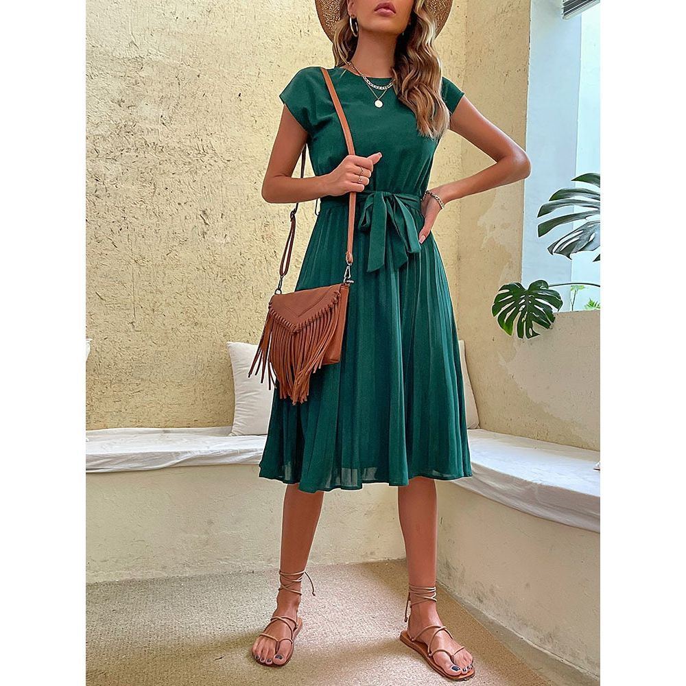 Dress for Women Summer Casual Beach Sundress Short Sleeve Pleated Midi Dress Soild Vintage dresses - Jointcorp