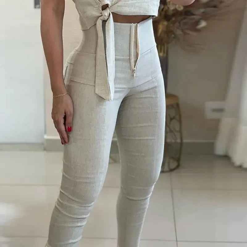 Women Two Piece Set Summer Casual Solid Round Neck Lace Up Short Sleeve Top Sim With Pockets Pants Sets Streetwear