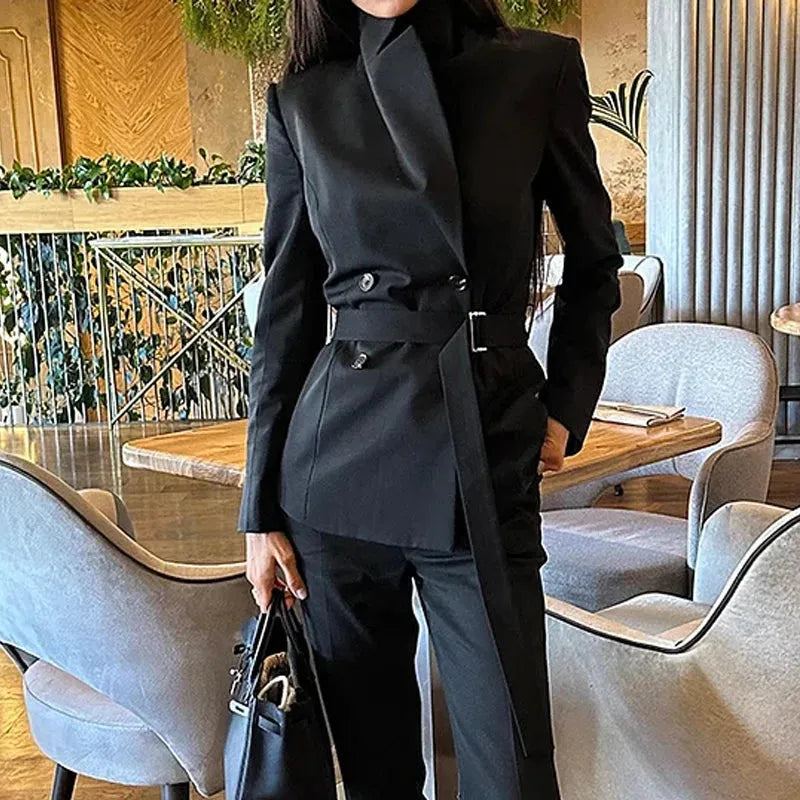 Women Blazer Suit Autumn Women Office Simple Lapel Long Sleeve Double Breasted Button Top Straight Pants Sets Streetwear