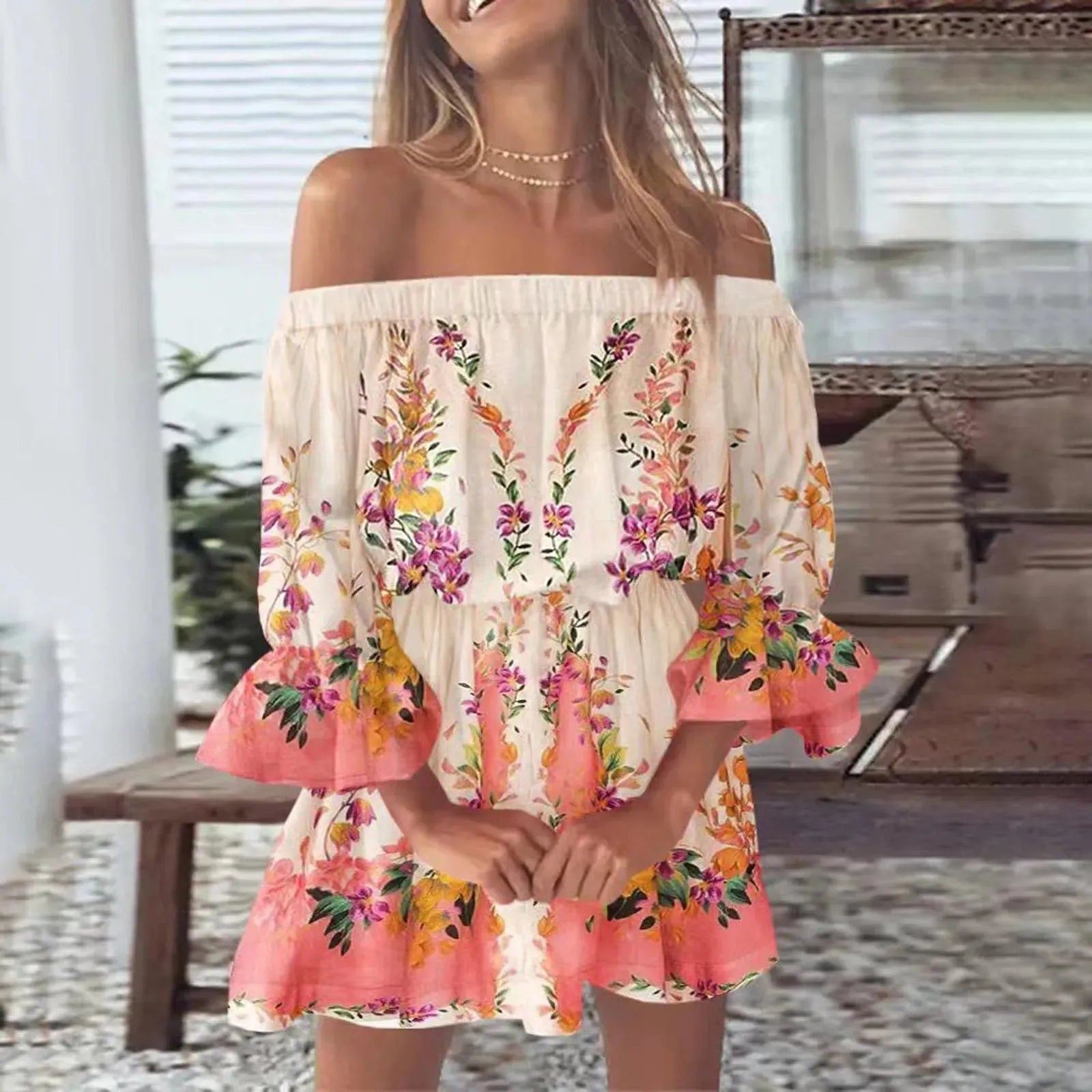 Boho Dresses for Women 2023 Summer Sexy Off Shoulder Floral Print Flare Sleeve Tunic Dress Women Casual Mini Sundress Vestido