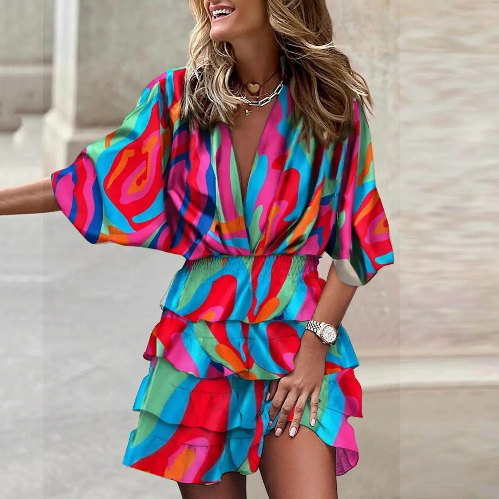 Spring Summer Batwing Sleeve Sundress V Neck Floral Print Summer Outfits For Women 2023 Irregular Hem Short Dress Vestidos