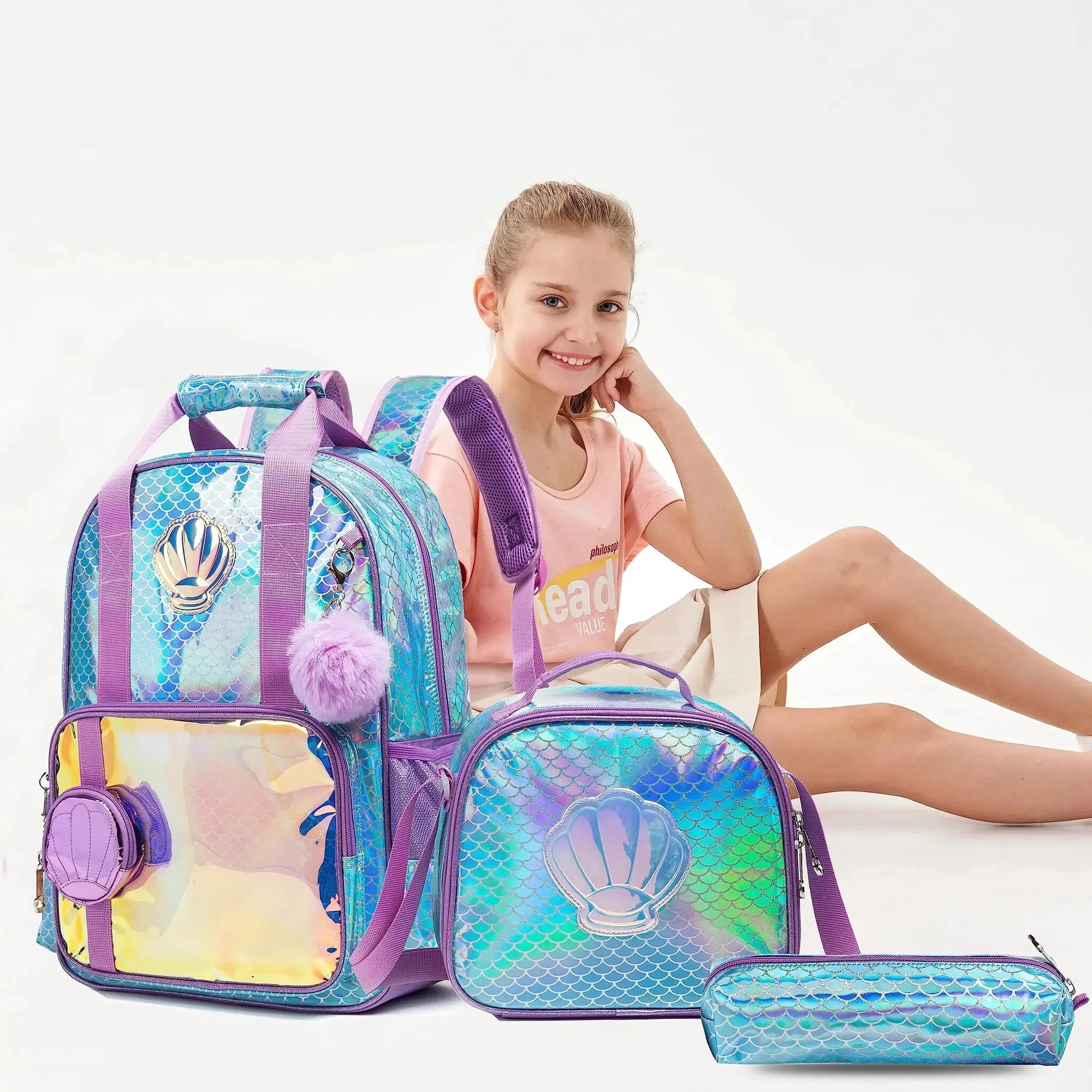 BIKAB Backpack for Girls rainbow and star School Bag with Lunch Box Set for Kindergarten Glitter Sequin Bookbag for Girls