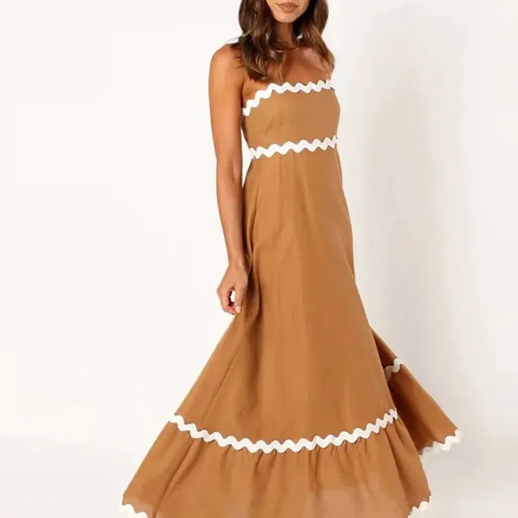 Elegant Spaghetti Strap Midi Dress Fashion Wave Striped Patchwork Maxi Dress For Women Female Backless Party Evening Sling Dress