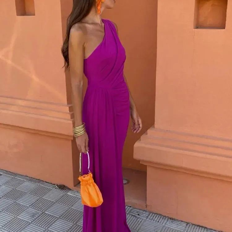 Women Elegant Solid Slim Long Dress Chic Sleeveless Backless Oblique Shoulder Pleated Robe 2024 Summer Lady Party Vestidos