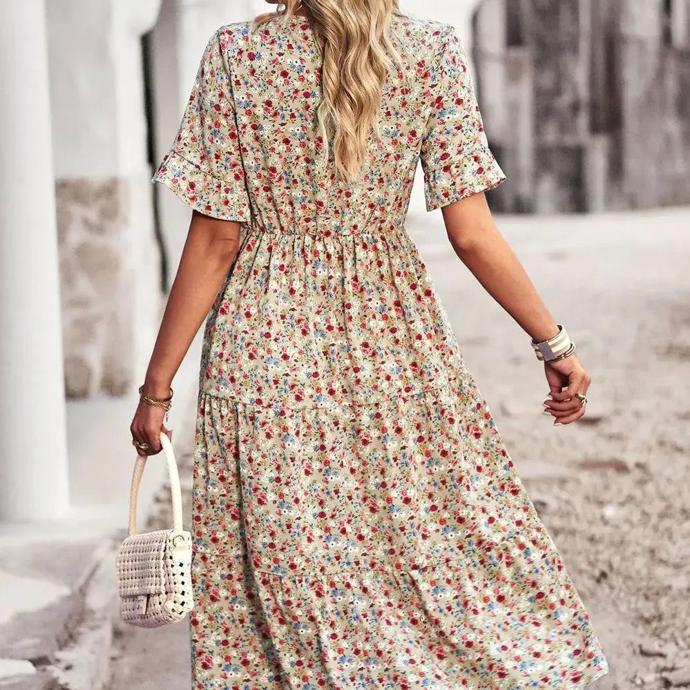 Summer Women V Neck Elegant Printed Short Sleeve High Waist A Line Floral Holiday Dress