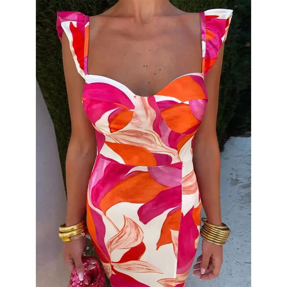 2024 New Contrast Print Split Dress For Women Fashion Slim Sleeveless Chest Wrapping Robes Chic Lady Party Vacation Vestidos