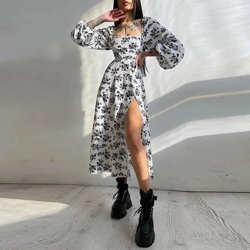 Wepbel Cute Dress Sexy Summer Square Collar High Waist Printed Lantern Sleeve Split Dress for Women Elegant Floral Sweat Dress