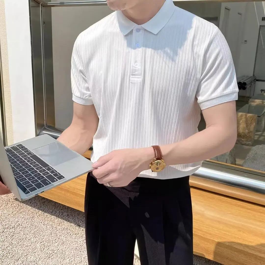 Summer Men's Clothing Retro Knit Lapel Striped Polo Shirt Solid Color Short Sleeve Fashion Simple Casual Male Tops Size M-2XL