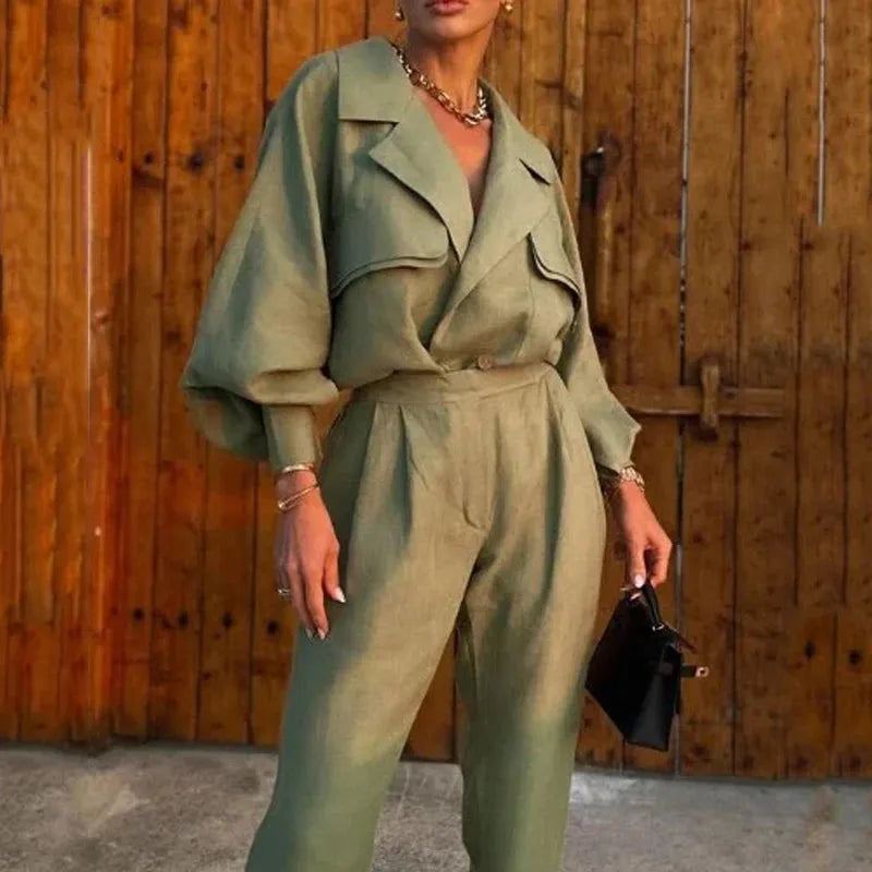 Women Two Piece Set Autumn Office Fashion Solid Lapel V Neck Long Lantern Sleeve Shirt Top Loose Pants Sets Streetwear