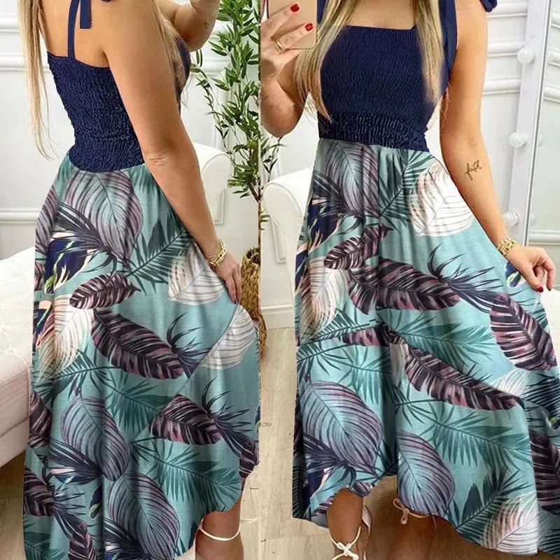 Summer Women's 2022 new irregular strapless halter sleeveless long dress Sling Patchwork Print Irregular Tube Top Dress