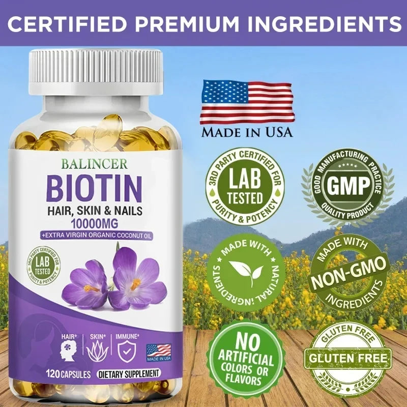 Biotin 10000 mcg - Hair Growth Supplement - Helps Nails and Skin, Immunity, Suitable for Men and Women