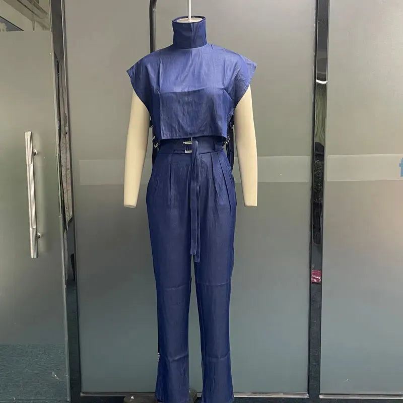 Women Two Piece Set Summer Fashion Office Solid High Neck Short Sleeve Top Straight With Pockets Buckle Pants Sets