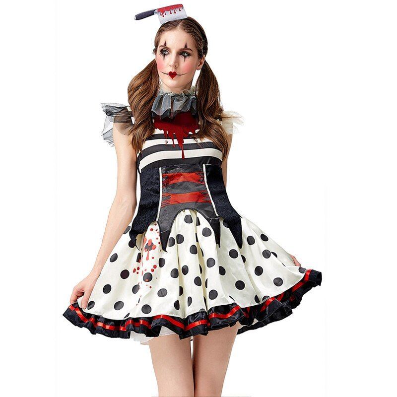 Women's carnival costume, terrible evil circus clown costume, broken voodoo doll, cosplay dress, dream evening dress