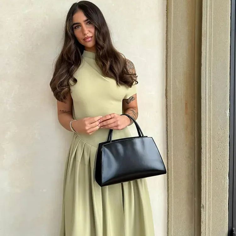 Chic Solid High Collar Pleated Patchwork Dress Elegant Short Sleeved Slim Fit A-line Dresses 2024 New Lady High Street Robe