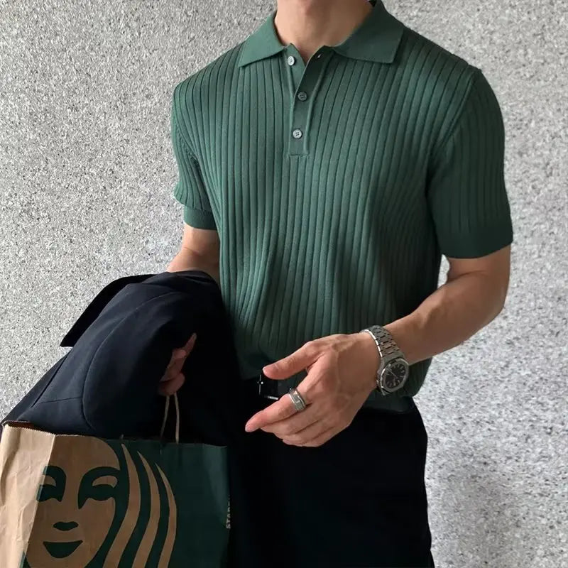 Summer Men's Clothing Retro Knit Lapel Striped Polo Shirt Solid Color Short Sleeve Fashion Simple Casual Male Tops Size M-2XL