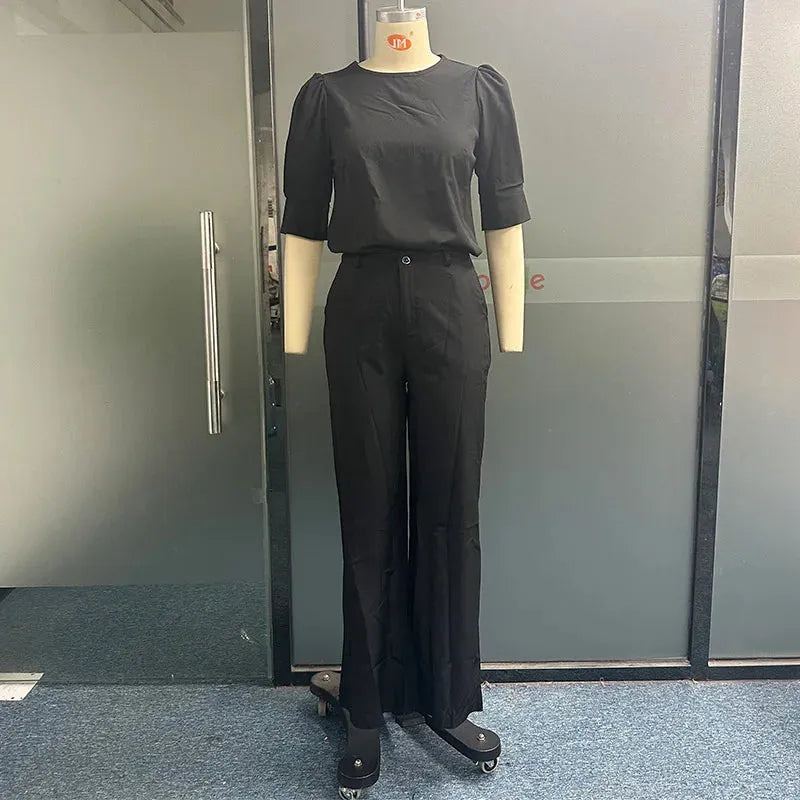 Women Two Piece Set Summer Casual Solid Puff Short Sleeve Round Neck Top Loose With Pockets Pants Sets High Streetwear