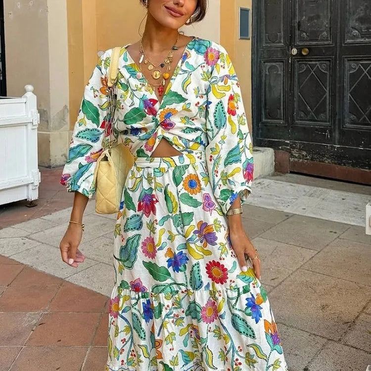 Women Elegant Cut Out Print Floral Pastoral Long Dress Fashion V-neck Lantern Sleeves Vestidos Summer Holiday Lady Street Robe
