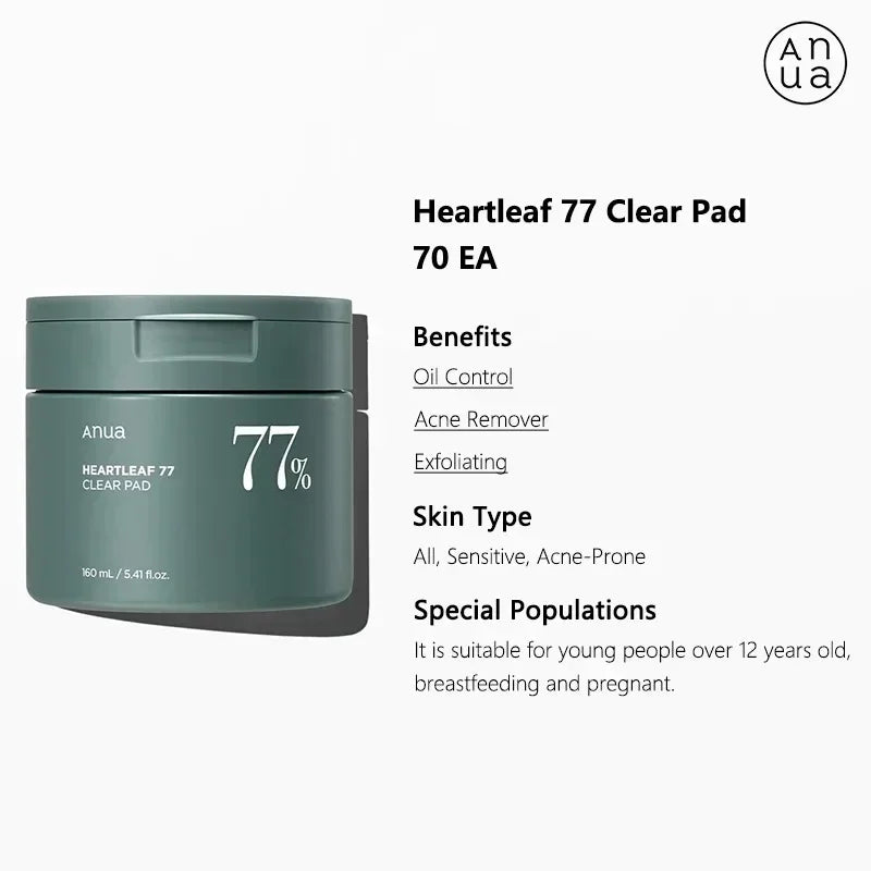 Anua Heartleaf (Centella) 77 Clear Pad 70 EA Deep Clean Oil Control Acne Remover Pore Minimizer ANUA Korea skincare toner