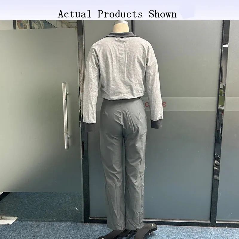 Women Two Piece Set Autumn Thin Solid Lapel Long Sleeve Zipper Pullover Slim Top Loose Straight Pants Sets With Belt