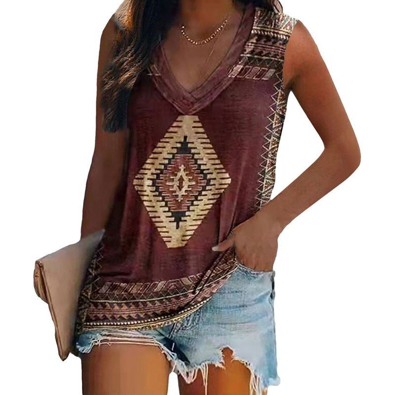 Women Ethnic Style Sleeveless T-shirt Vest Multi-pattern Print V-neck Casual Loose Shirts T-shirts with prints - Jointcorp