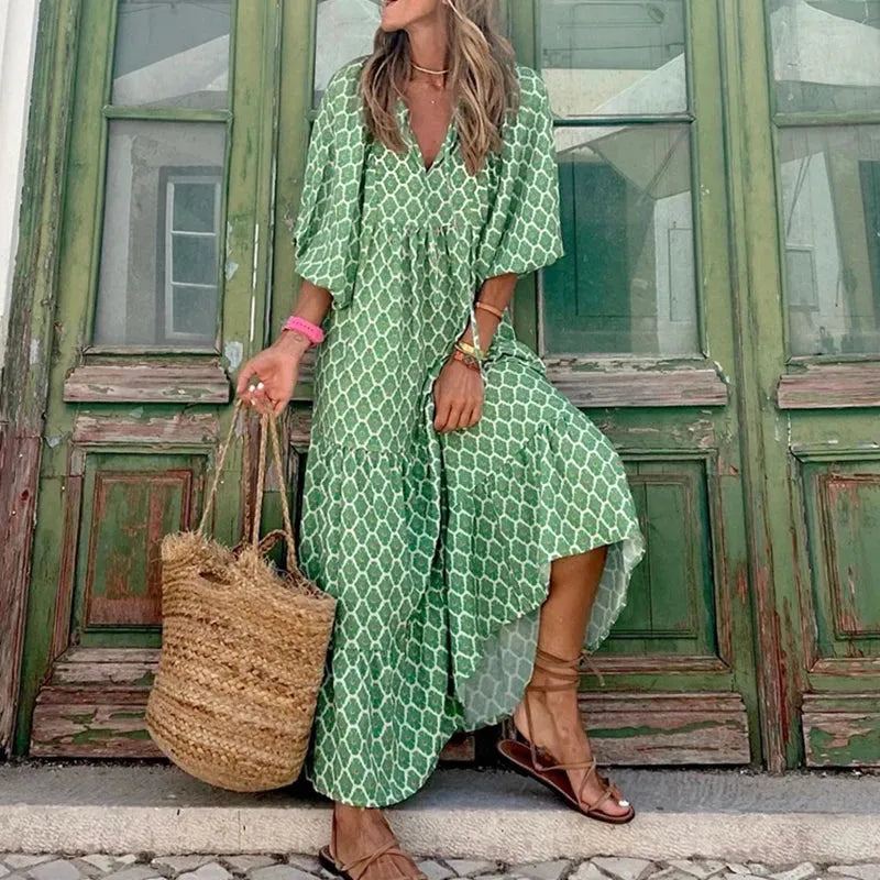 Women Summer 2024 Casual Floral Drawstring V-Neck Puff Sleeve Boho Maxi Dress Elegant Loose Holiday Beach Dresses Party Vestidos