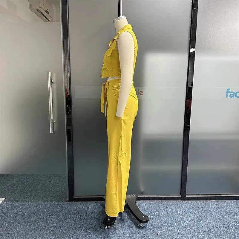 Women Two Piece Set Fashion Lapel Solid Single Row Button Sleeveless Top Loose Wide Legs Lace Up Pockets Pants Sets