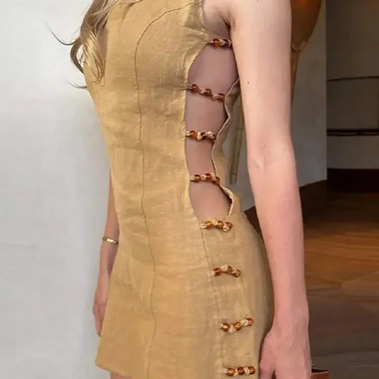 Chic Side Beaded Hollow Out Women Mini Dresses O-neck Backless Sleeveless Slim Dress 2024 Spring Lady High Street Vestidos