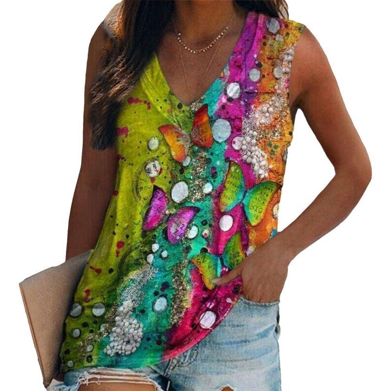 Women Ethnic Style Sleeveless T-shirt Vest Multi-pattern Print V-neck Casual Loose Shirts T-shirts with prints - Jointcorp