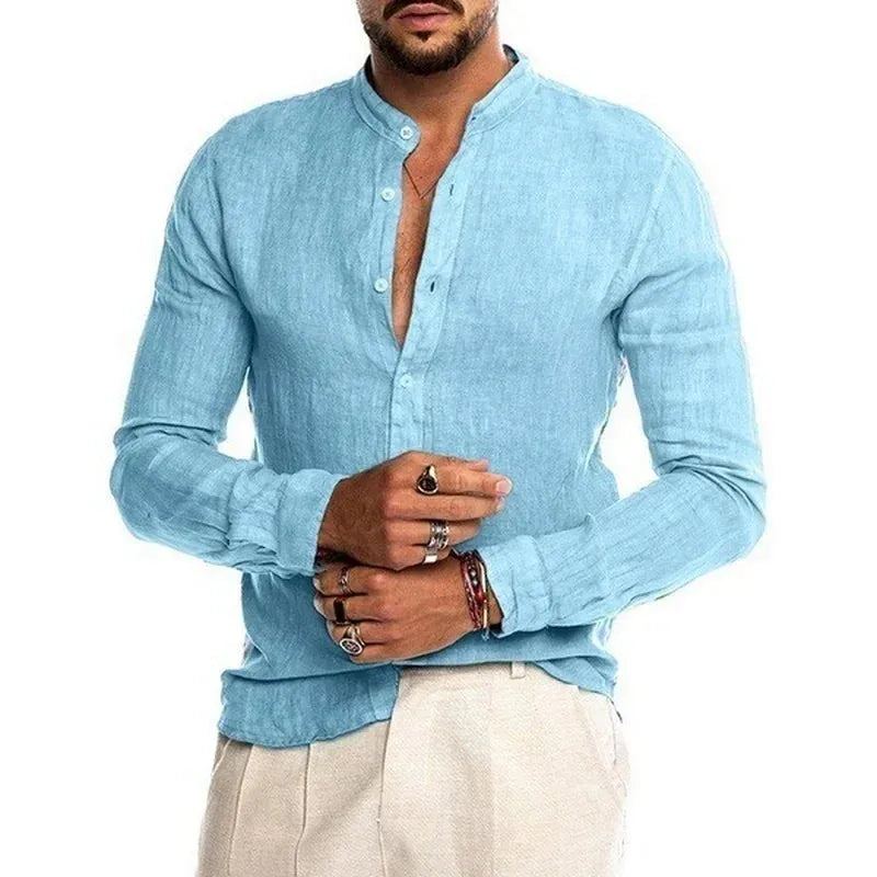 New Men's Fashion Casual Solid Color Shirt Pullover Button Linen Cotton Comfortable Daily Top Long Sleeve Shirt