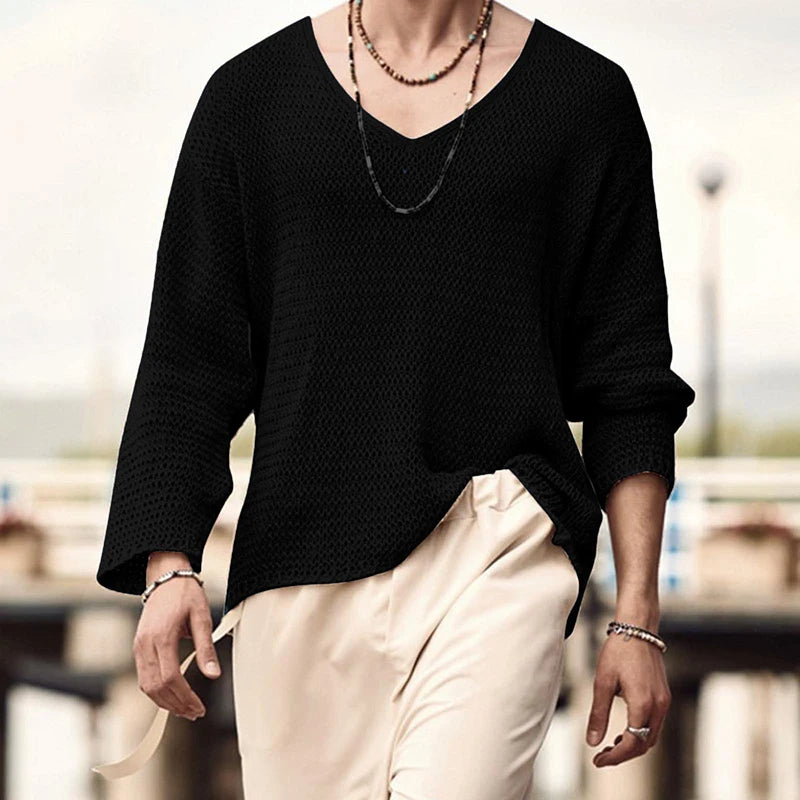 Summer Beach Casual Breathable Pullover Mens Knitting Long Sleeve V Neck Tops For Men Leisure Pure Color Hollow Out Knit T Shirt