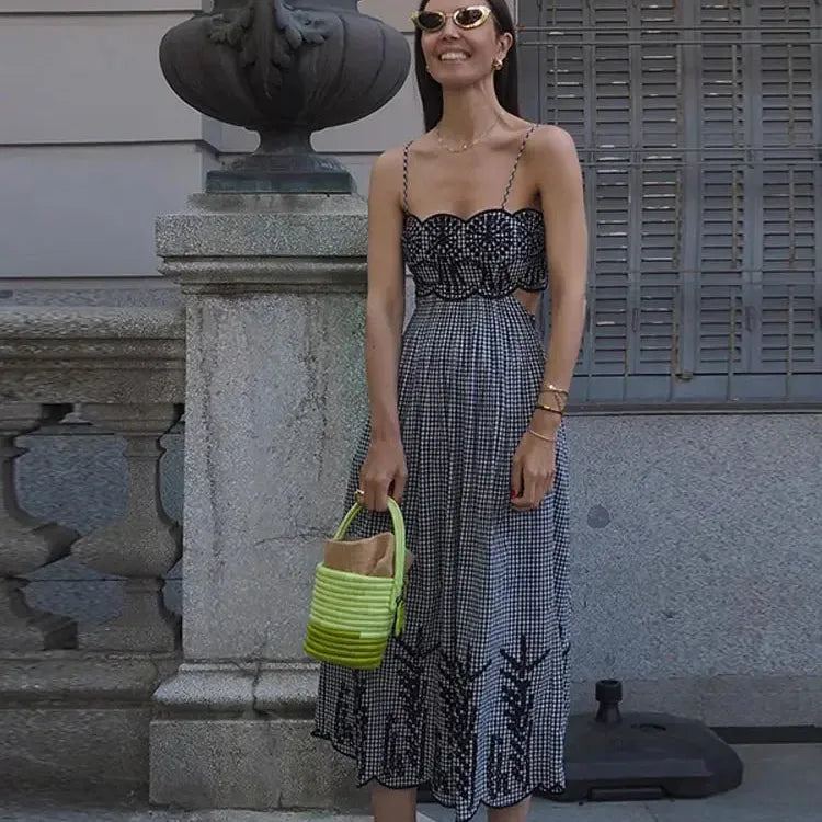 Chic Plaid Print Backless Hollow Out Strap Dress Women Sexy Sleeveless Bodycon Dresses 2024 Lady Vocation Party Vestidos