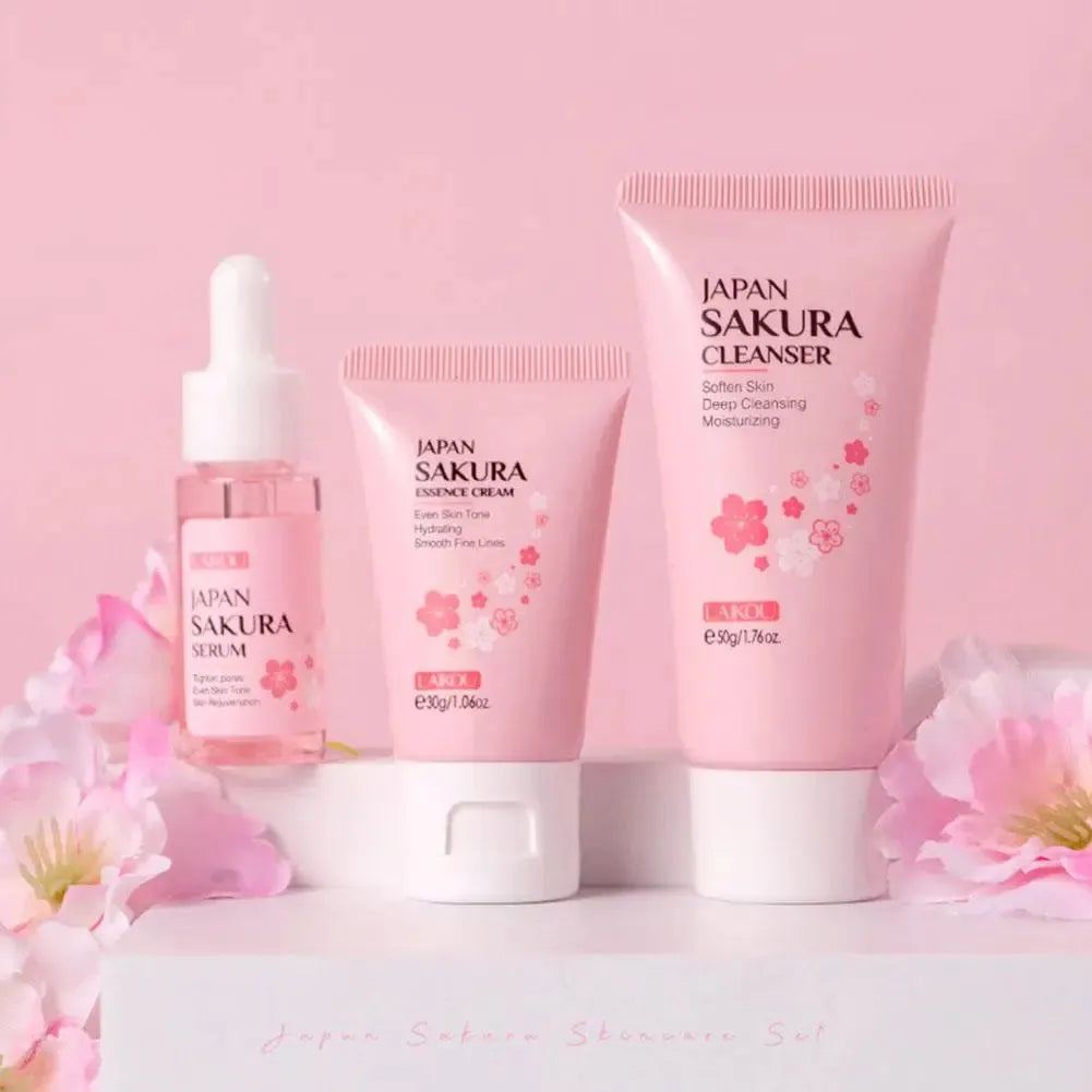 3pcs Facial Cleanser Face Serum Cream Skin Care Sets Sakura Essence Deep Clean Hydration Moisturizer Smoothing Face Care Kits