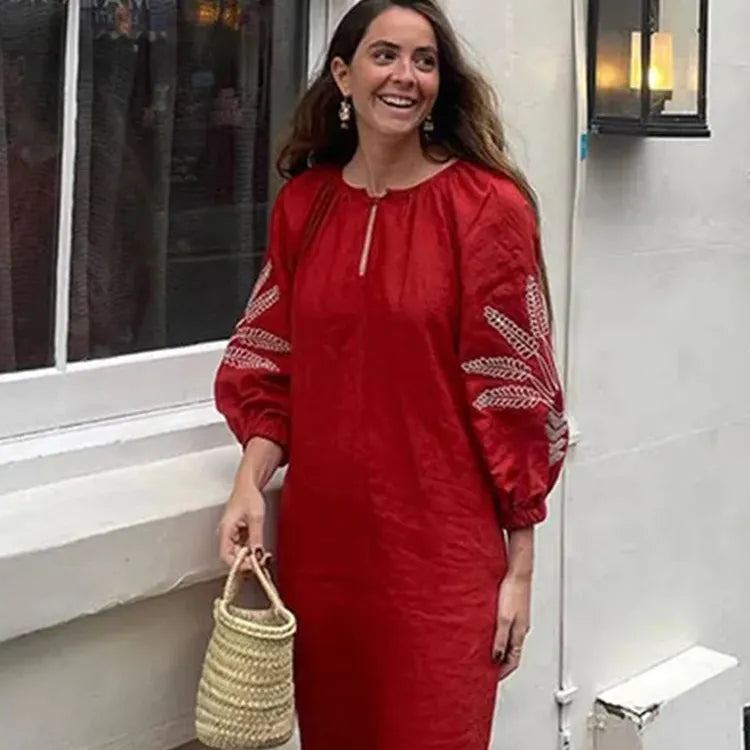 Embroidery Linen Long Lantern Sleeve Women Maxi Dress Loose V Neck Dresses Female Fashion Elegant Lady Robe 2024 Spring Summer