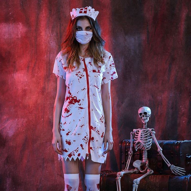 Halloween Costumes for Women MenCosplay Doctors Nurses Dress Jacket Coat with Hat Mask Scary Clothing Horrible Skirt Bloodstain