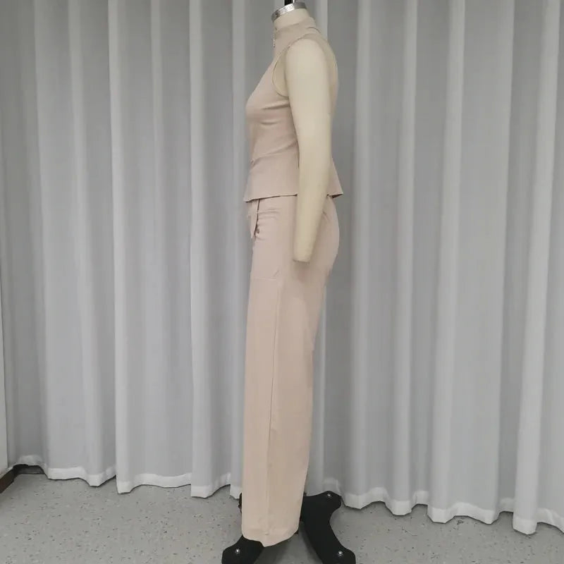 Women Two Piece Trend Fashion Round Neck Solid Zipper Sleeveless Tank Top Loose With Pockets Pants Sets Streetwear