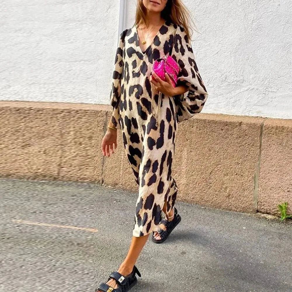 Casual Leopard Print Dress Women Spring Summer V Neck Lantern Sleeve Elegant Party Dresses Vintage Holiday Streetwear