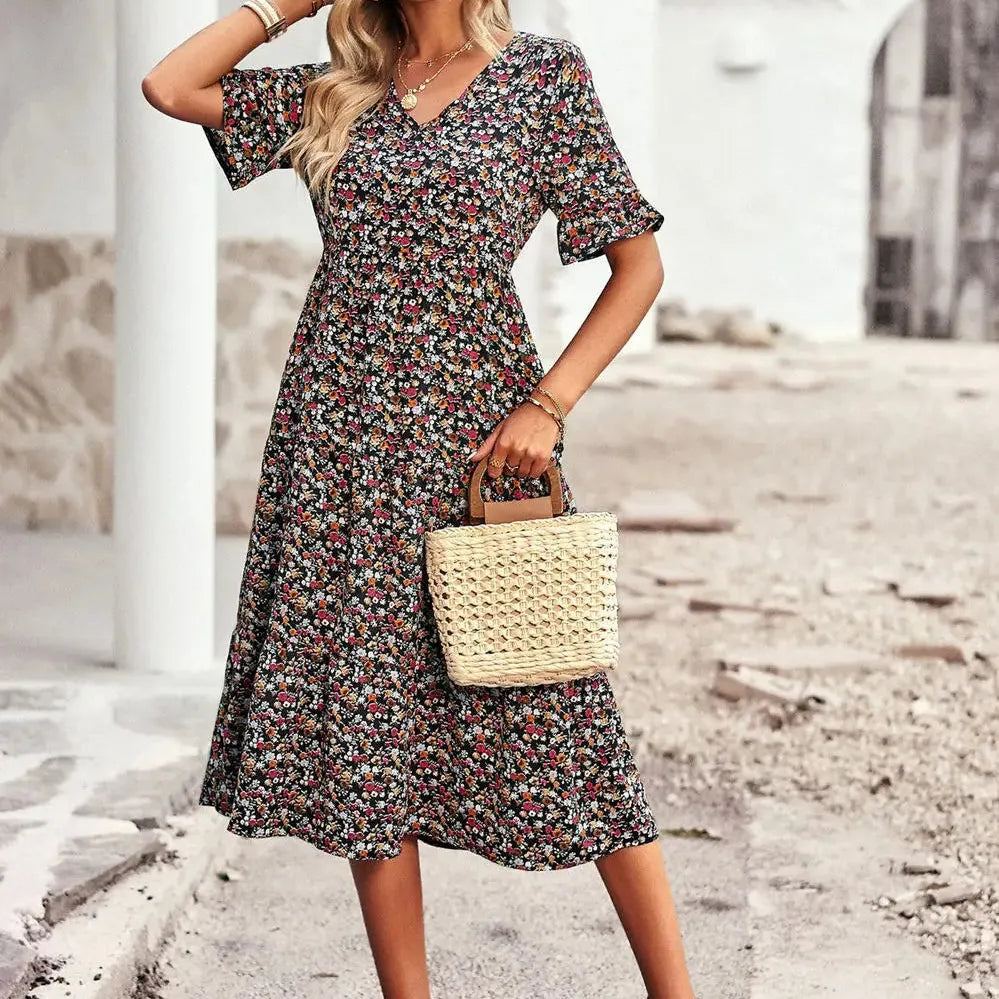 Summer Women V Neck Elegant Printed Short Sleeve High Waist A Line Floral Holiday Dress
