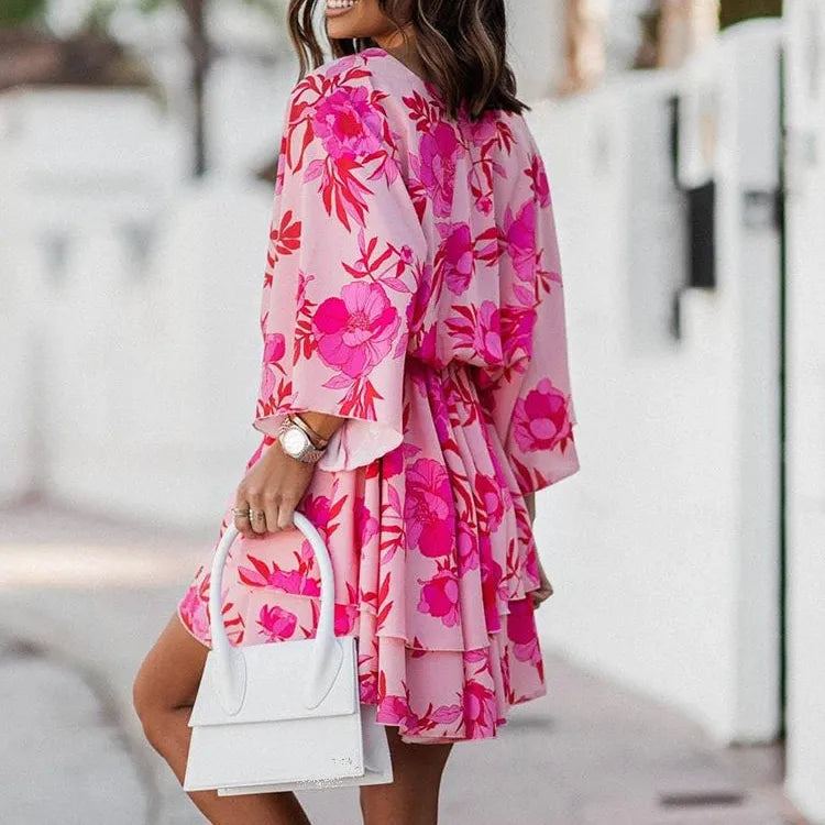 Elegant Office Dress For Wome's Casual Bat Sleeve Flowers Print Bohemian Beach Vacation Sundress Women Summer Ruffl Mini Dresses
