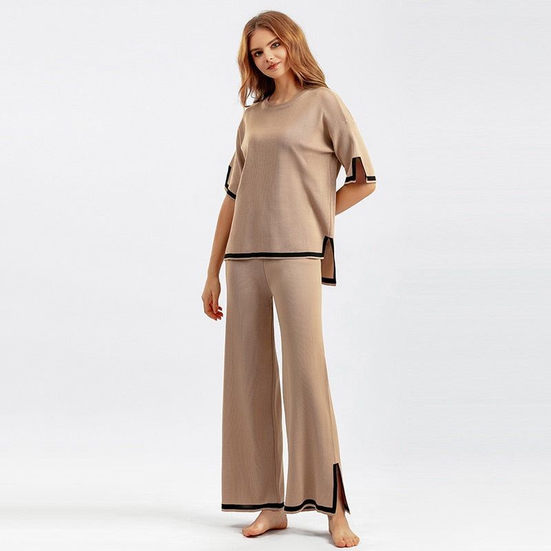 WAYOFLOVE Women Knitted Sweater Two Pieces Sets Spring Autumn O-Neck Loose Pullovers Sweater Tops & Wide-Leg Pants Knitwear Suit Plus size - Jointcorp