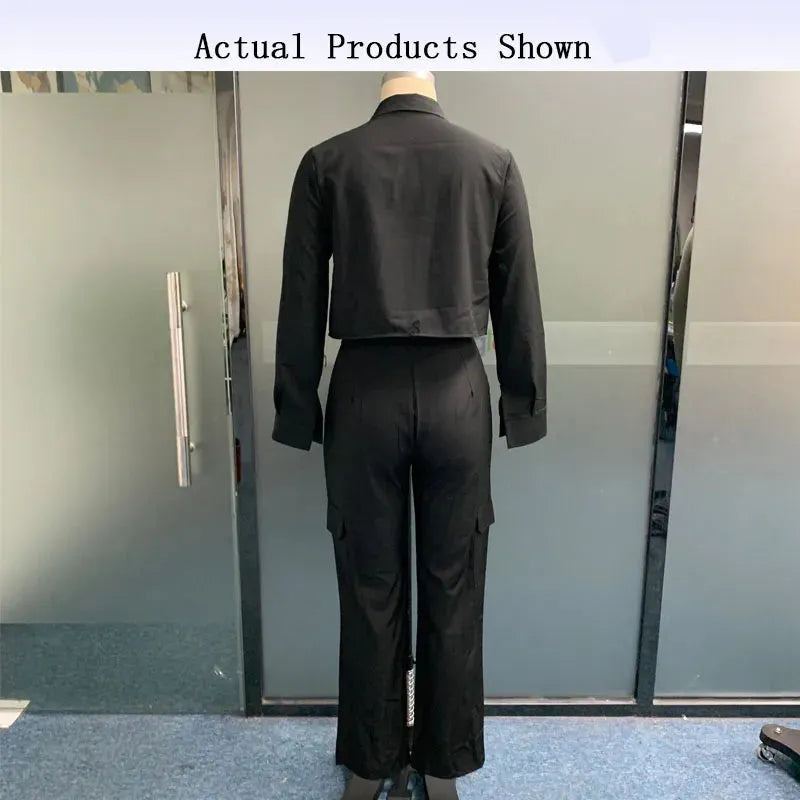 Women Two Piece Set Autumn Fashion Solid Zipper Lapel Short Jacket Top Loose Overalls Cargo Pockets Pants Streetwear