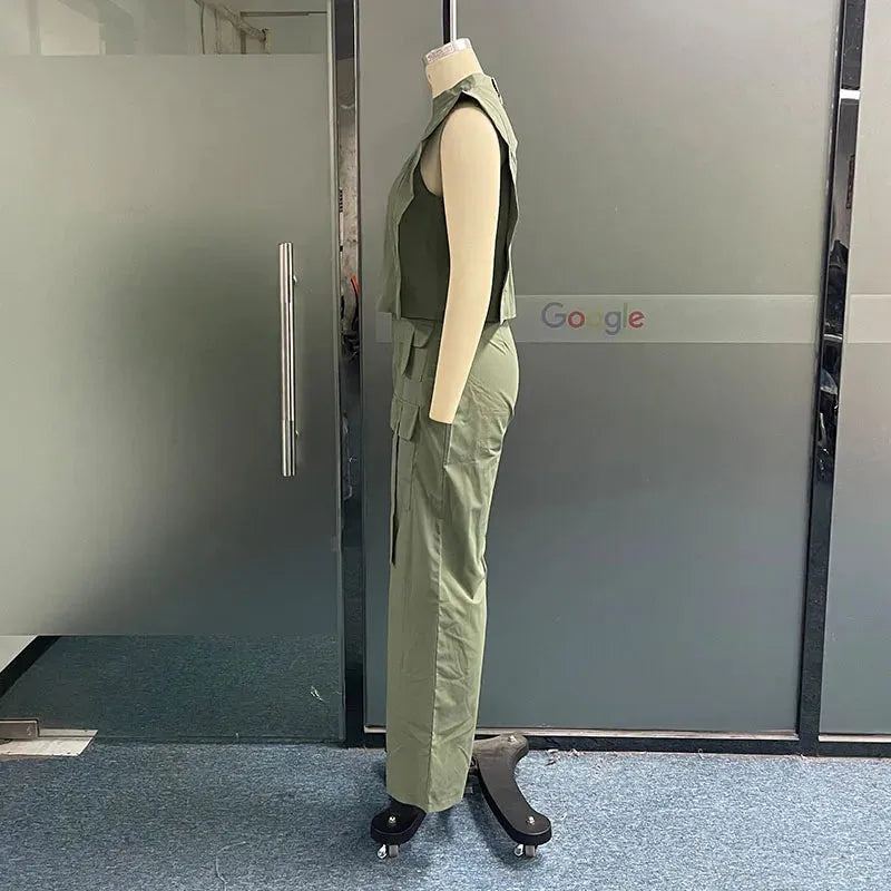 Women Two Piece Set Fashion Solid Sleeveless Crew Hollow Out Tank Top Loose With Pockets Cargo Pants Sets Streetwear